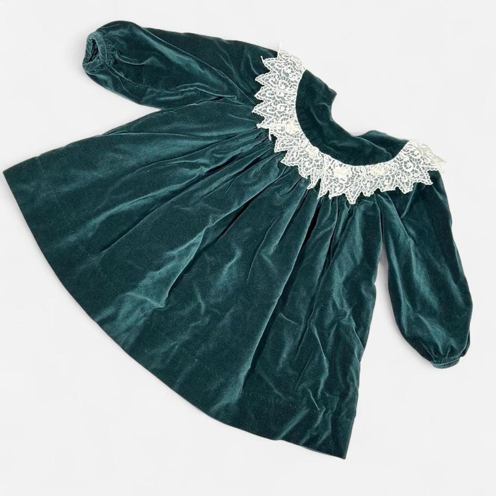 Vintage 90s Baby Green Velvet Dress, Ruffle Lace, Size 24 Months